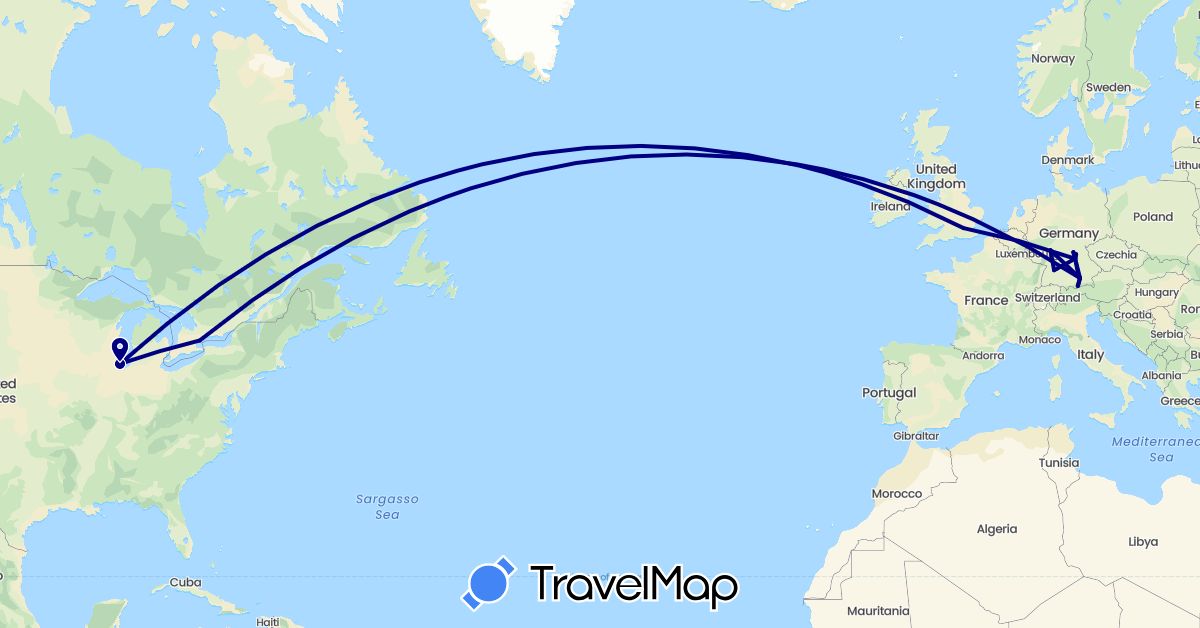 TravelMap itinerary: driving in Canada, Germany, United Kingdom, United States (Europe, North America)